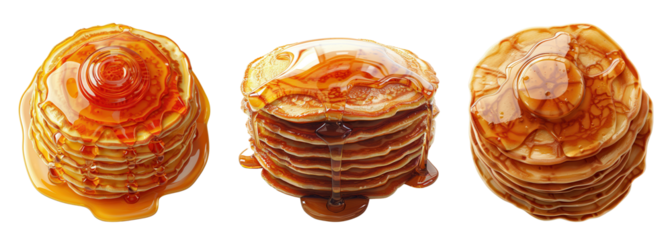 Three stacks of delicious pancakes drizzled with golden syrup, perfect for breakfast or brunch tablescaping. Mouth-watering and inviting.