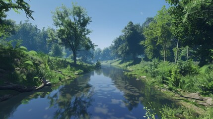 river winds through dense forests, reflecting the lush greenery and clear blue sky above.
