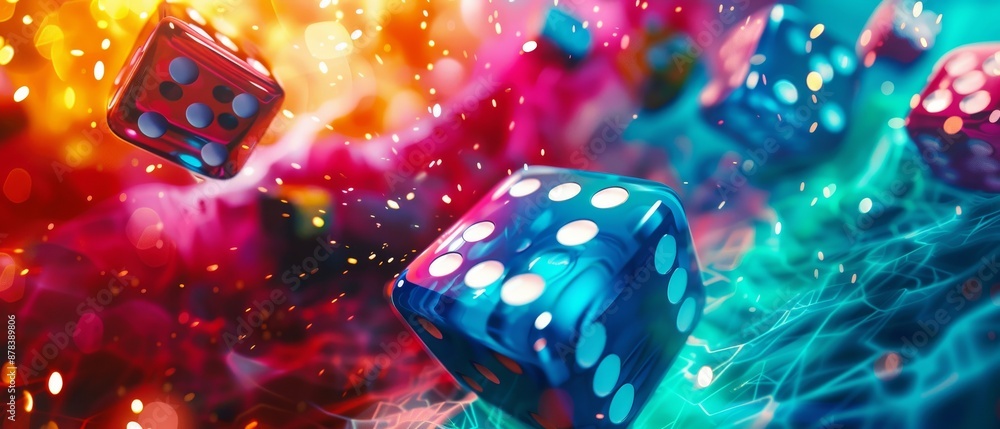 Poster abstract dice floating in vibrant colorful smoke.
