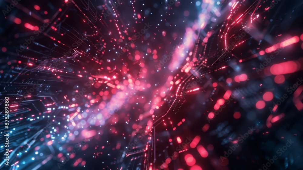Poster abstract digital art with red and blue glowing lines and particles. futuristic and dynamic. perfect 