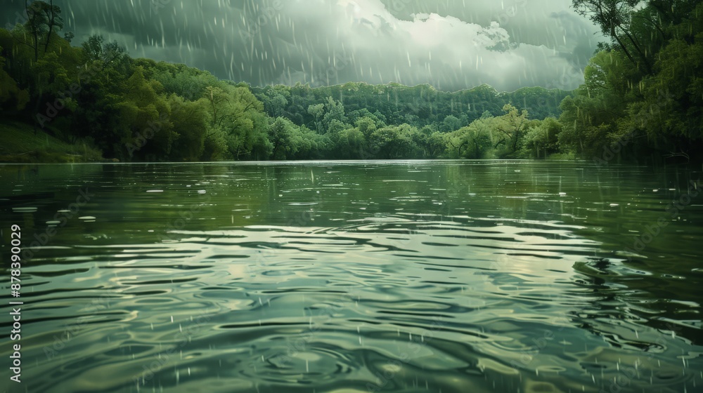 Poster rain cloud moves over a quiet river, its reflection creating a mirror-like surface on the water.