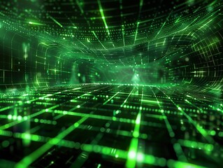 Abstract digital background with glowing green lines and grid patterns, representing data flow and technology.
