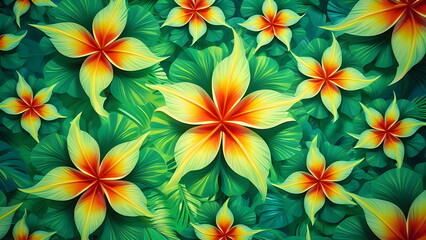 Fototapeta premium Tropical flower pattern, bright and vibrant colors with green leaves