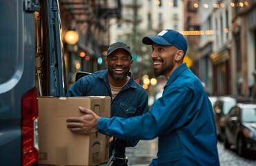 Fototapeta premium Two delivery workers unloading boxes from an electric van using a hand truck
