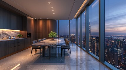 Fototapeta premium A modern dining room with an oversized panoramic window overlooking the cityscape and a sleek marble table