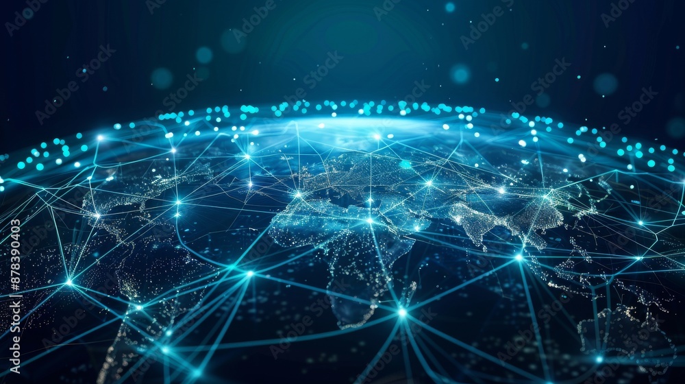 Poster abstract digital globe with glowing lines and dots, representing global connectivity and network.