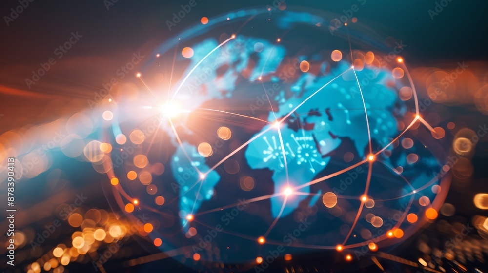 Poster abstract digital globe with glowing lines and dots, symbolizing global connection and technology.