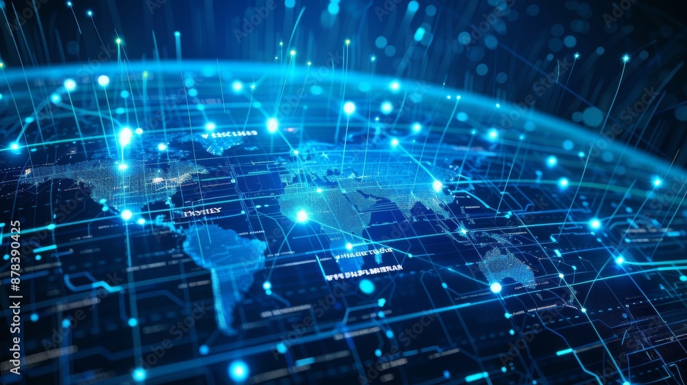 Poster abstract digital globe with glowing lines and nodes, representing global connectivity and technology