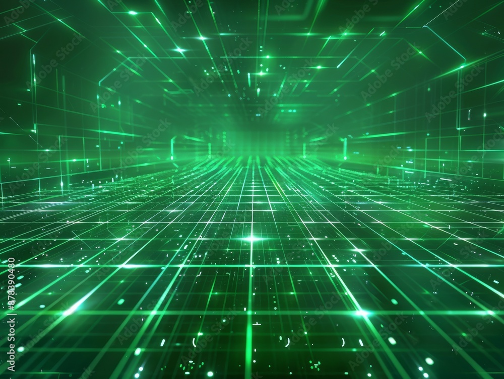 Poster abstract digital grid with glowing green lines and light, creating a futuristic, digital tunnel effe