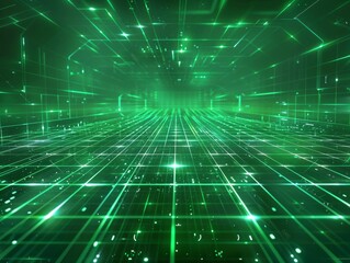 Fototapeta premium Abstract digital grid with glowing green lines and light, creating a futuristic, digital tunnel effect.