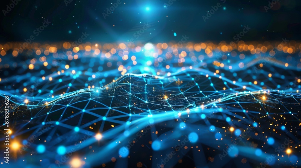 Poster abstract digital landscape with glowing particles and lines, representing data flow and technology.