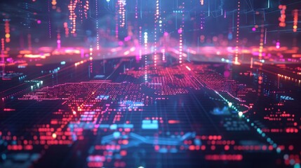 Obraz premium Abstract digital landscape with glowing lines and patterns in vibrant colors. Futuristic tech background.