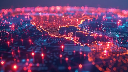 Abstract digital map of North America with glowing red and blue lines.