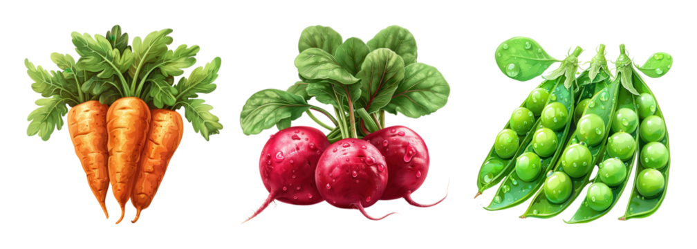 Fresh hand-drawn illustration of vegetables including carrots, radishes, and peas. Perfect for healthy food and gardening themes.