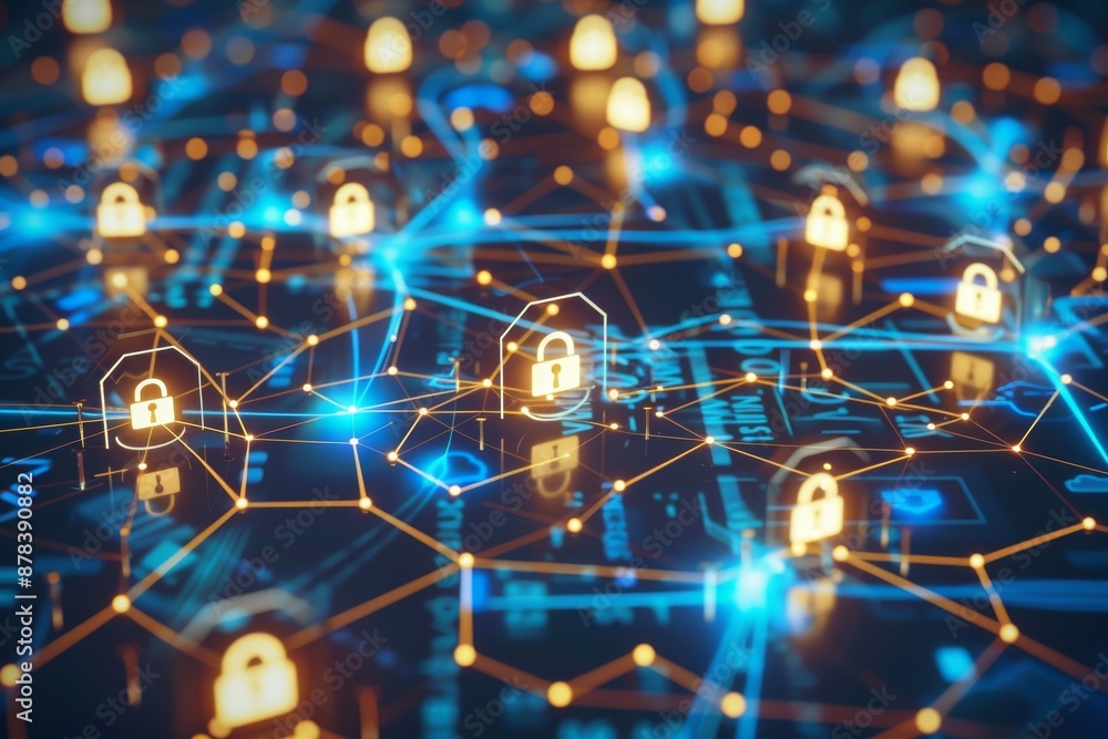 Aufkleber abstract digital network with glowing padlock icons, representing cybersecurity and data protection.