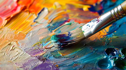 Obraz premium Painting on Canvas: Close-up of a paintbrush applying vibrant colors to a canvas, with paint tubes and a palette nearby. 