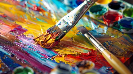 Obraz premium Painting on Canvas: Close-up of a paintbrush applying vibrant colors to a canvas, with paint tubes and a palette nearby. 