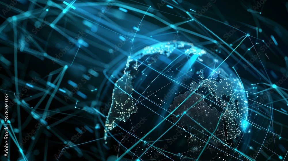 Poster abstract digital world concept with glowing lines and globe.