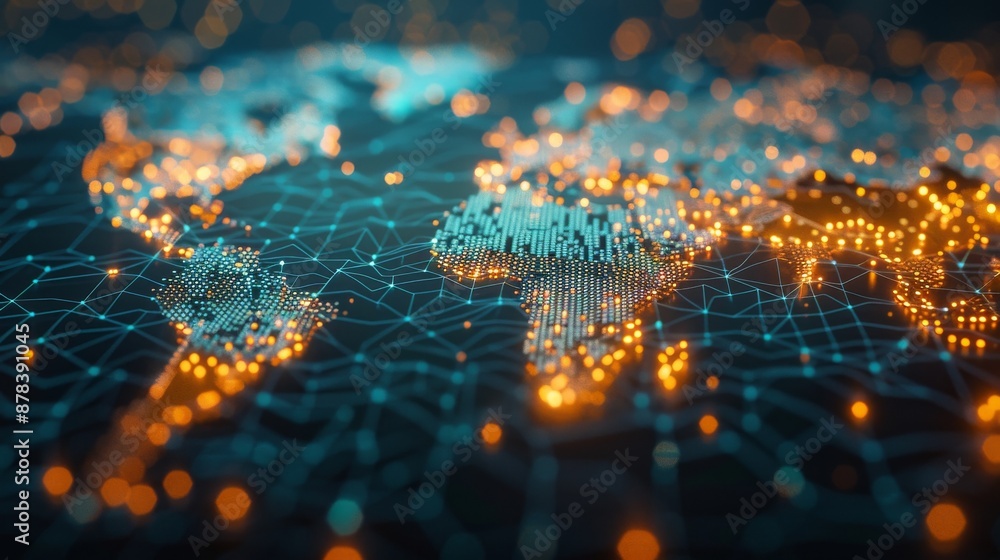 Poster abstract digital world map with glowing connections representing global network and communication.
