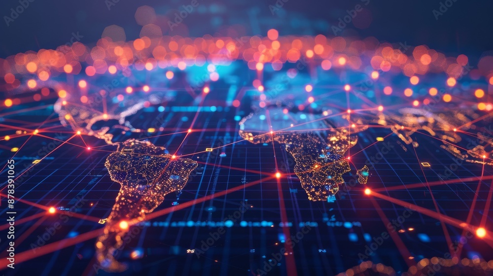 Poster abstract digital world map with glowing lines and dots, representing global connectivity and communi