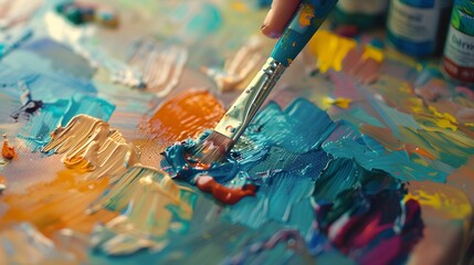 Fototapeta premium Painting on Canvas: Close-up of a paintbrush applying vibrant colors to a canvas, with paint tubes and a palette nearby. 