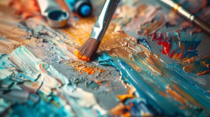 Fototapeta premium Painting on Canvas: Close-up of a paintbrush applying vibrant colors to a canvas, with paint tubes and a palette nearby. 