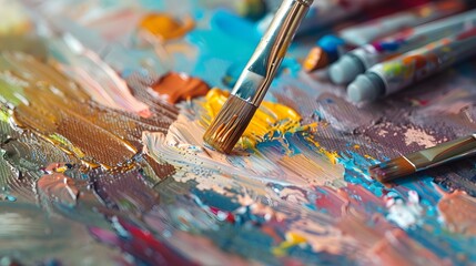 Fototapeta premium Painting on Canvas: Close-up of a paintbrush applying vibrant colors to a canvas, with paint tubes and a palette nearby. 