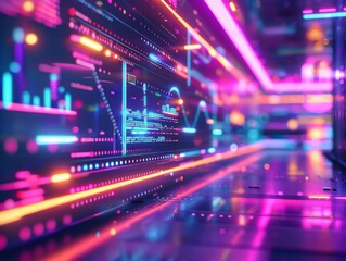 Obraz premium Abstract digital tunnel with neon lights and glowing data. Futuristic tech background.