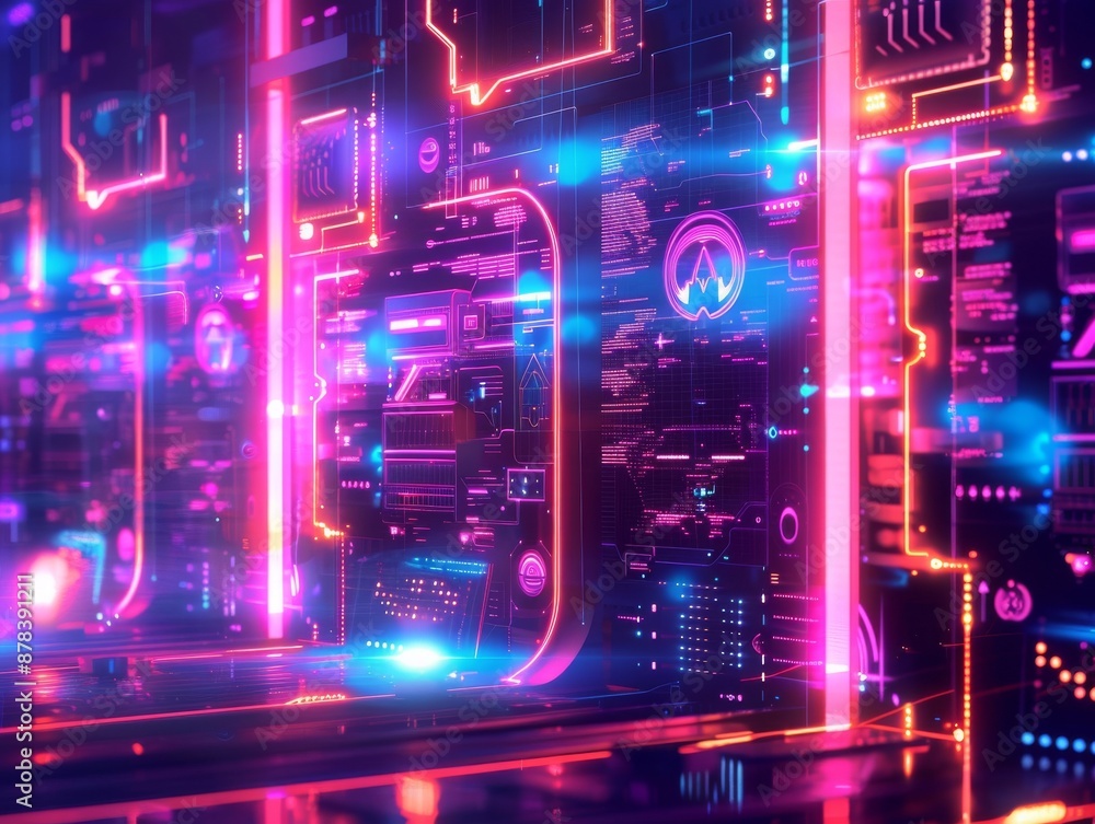 Poster abstract futuristic background with glowing neon lines and digital elements. cyberpunk aesthetic wit