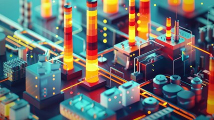 Obraz premium Abstract futuristic cityscape with glowing industrial structures and complex network of pipes.