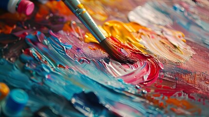 Painting on Canvas: Close-up of a paintbrush applying vibrant colors to a canvas, with paint tubes and a palette nearby.
