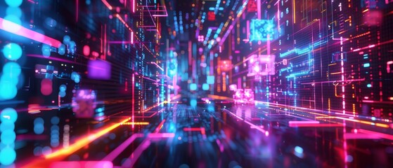 Abstract futuristic cityscape with neon lights.