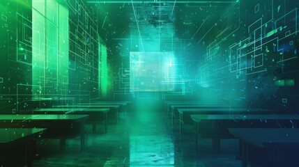 Fototapeta premium Abstract futuristic classroom with glowing green lines and digital interface. Empty desks and chairs in a digital space.