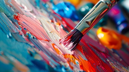 Fototapeta premium Painting on Canvas: Close-up of a paintbrush applying vibrant colors to a canvas, with paint tubes and a palette nearby. 