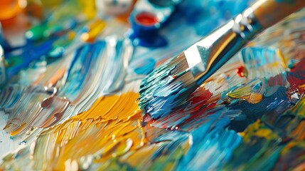 Fototapeta premium Painting on Canvas: Close-up of a paintbrush applying vibrant colors to a canvas, with paint tubes and a palette nearby. 