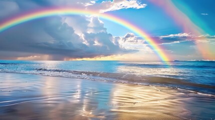 rainbow arches over a quiet village by the sea, its colors adding a touch of magic to the scene.