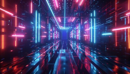 Fototapeta premium Abstract futuristic tunnel with glowing neon lights in blue and pink.