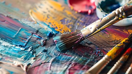 Fototapeta premium Painting on Canvas: Close-up of a paintbrush applying vibrant colors to a canvas, with paint tubes and a palette nearby. 