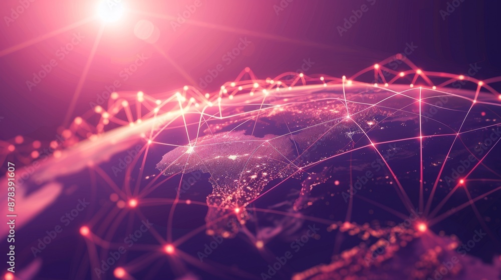 Poster abstract globe with glowing connections representing global network and communication.