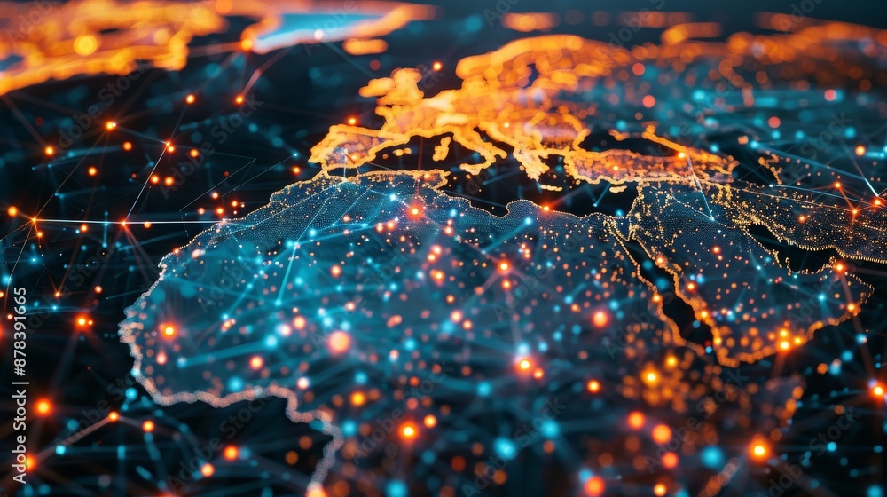 Poster abstract glowing map of europe with connected lines and dots, representing global communication and 