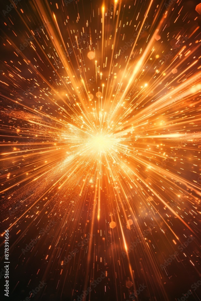 Poster abstract glowing light burst with orange and yellow rays emanating from a central point.