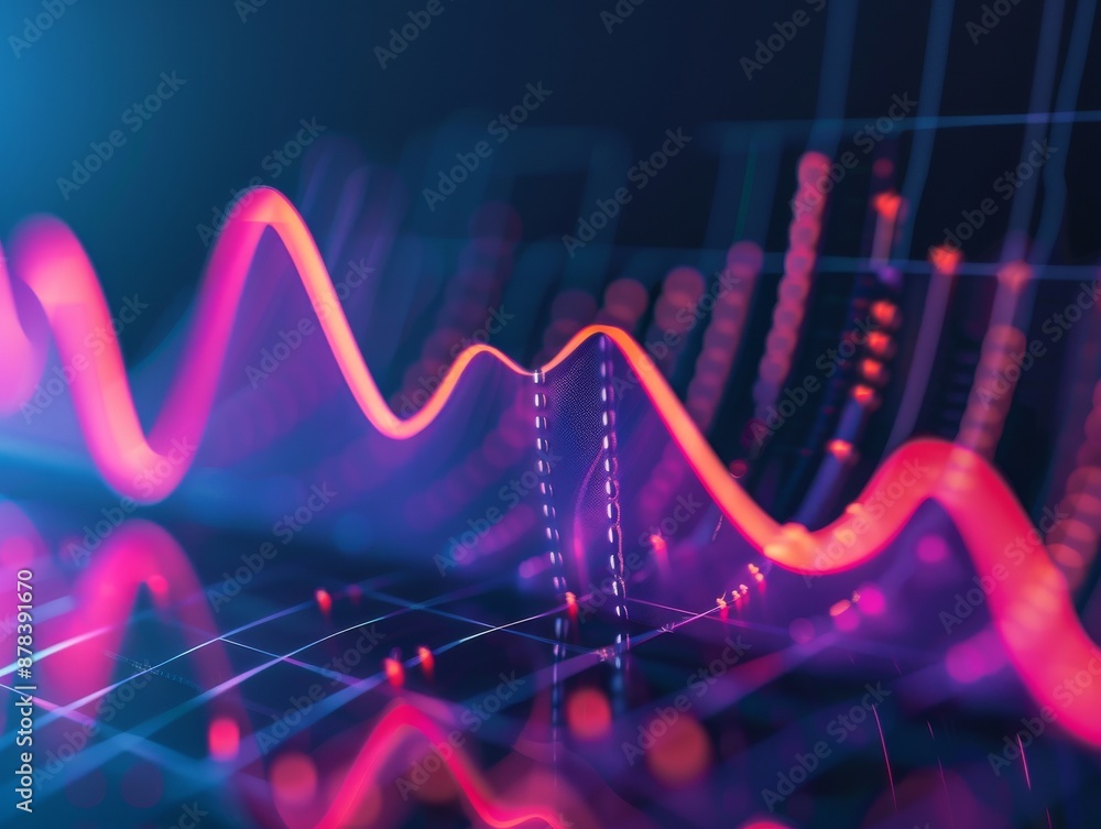 Poster abstract glowing lines and data points on a digital grid, representing growth and progress.