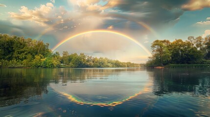Naklejka premium rainbow arches over a quiet village by the sea, its colors adding a touch of magic to the scene.
