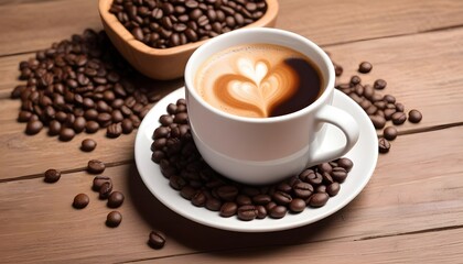 Fototapeta premium A cup of fresh coffee with coffee beans on wooden table closeup view