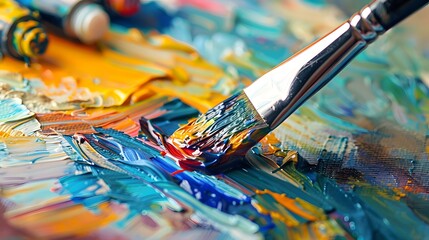 Fototapeta premium Painting on Canvas: Close-up of a paintbrush applying vibrant colors to a canvas, with paint tubes and a palette nearby. 