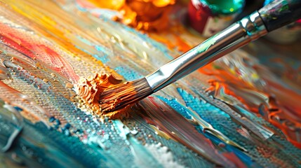 Obraz premium Painting on Canvas: Close-up of a paintbrush applying vibrant colors to a canvas, with paint tubes and a palette nearby. 