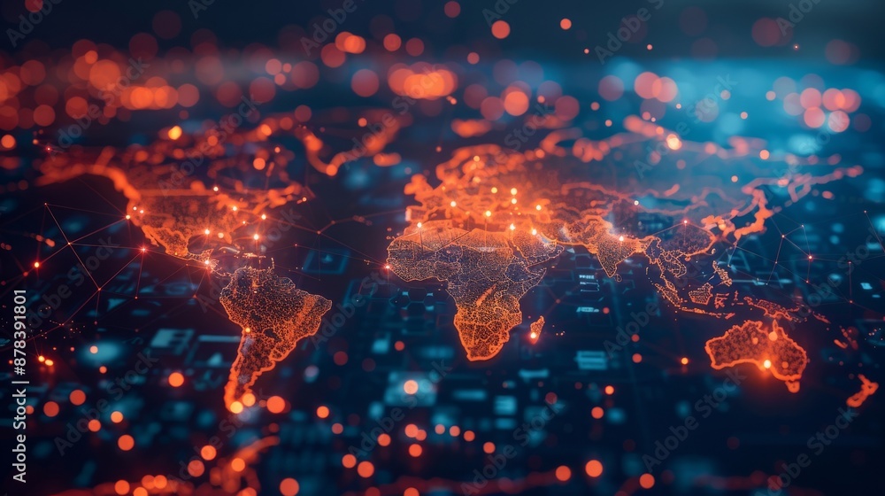 Poster abstract glowing world map with digital connections. global network, technology, and communication c