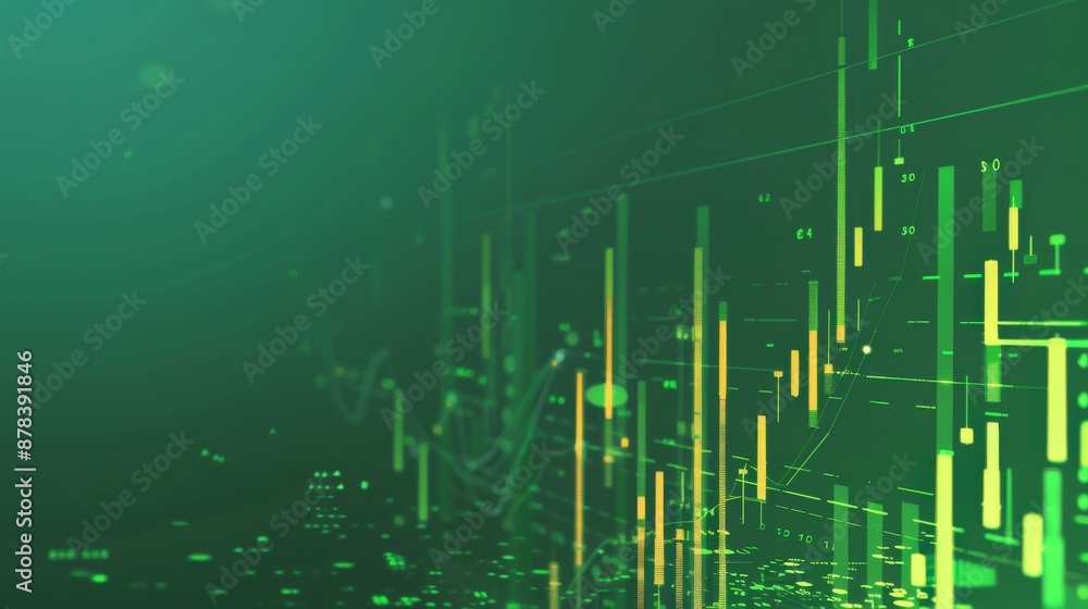 Poster abstract green background with yellow and green lines and shapes, creating a futuristic and digital 