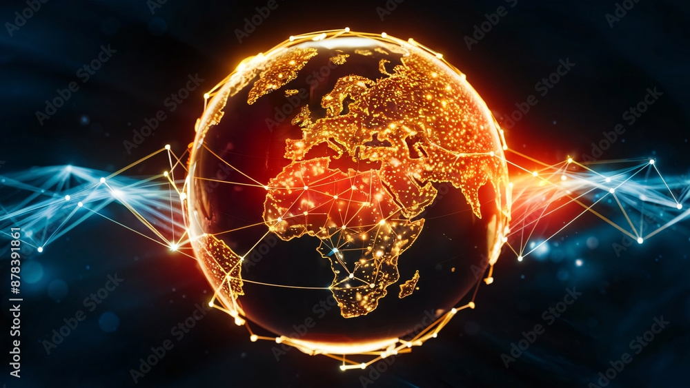 Poster glowing digital globe with dynamic interconnected lines, symbolizing global connectivity, communicat