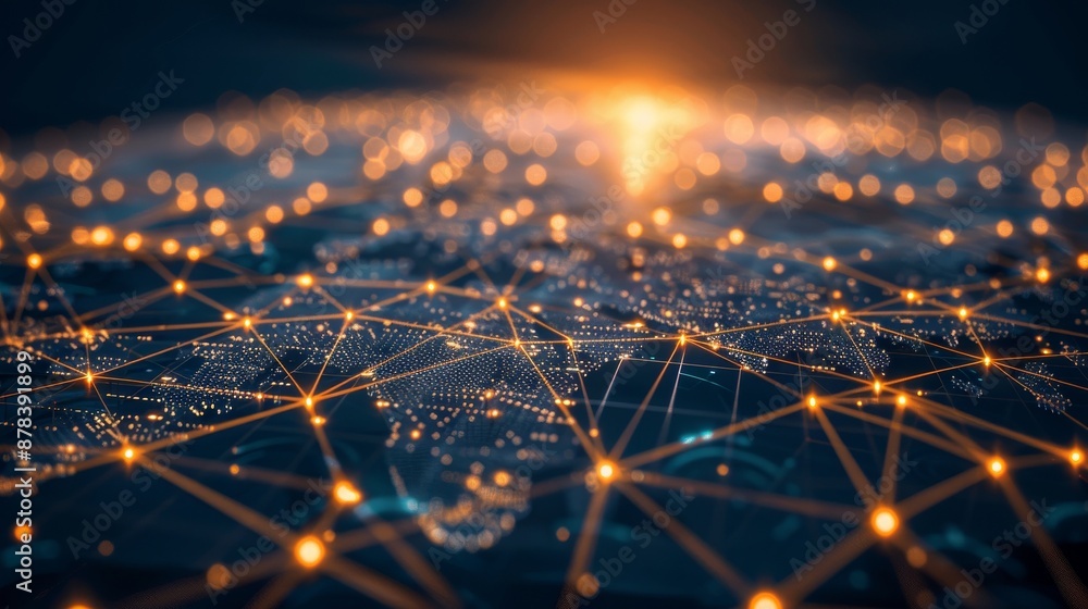 Poster abstract illustration of a global network, representing interconnectedness and communication. glowin